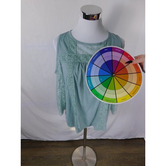 Jolt Mint Green Lace Cold-Shoulder Top L - Boho Flowy - Excellent - Picture 7 of 11